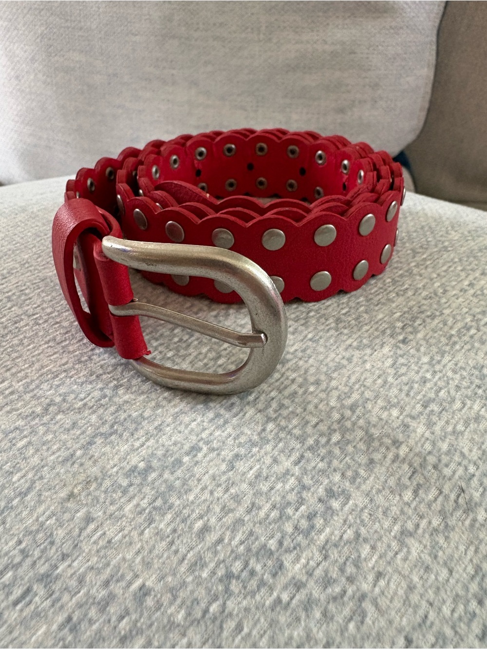Red Scalloped Studded  faux Leather Belt - Women Accessories